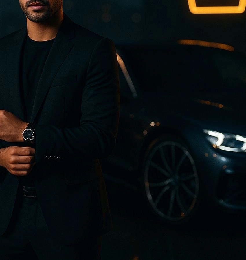 Person mit Uhr vor Auto